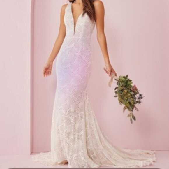 VOWD Compass Plunging Mermaid White Lace Wedding Dress Sz XS - Picture 16 of 16